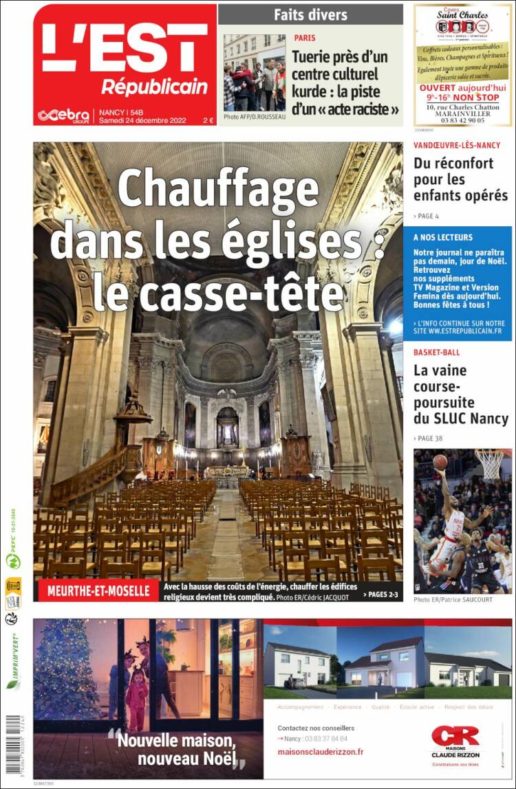 Portada de L'Est Republicain (Francia)