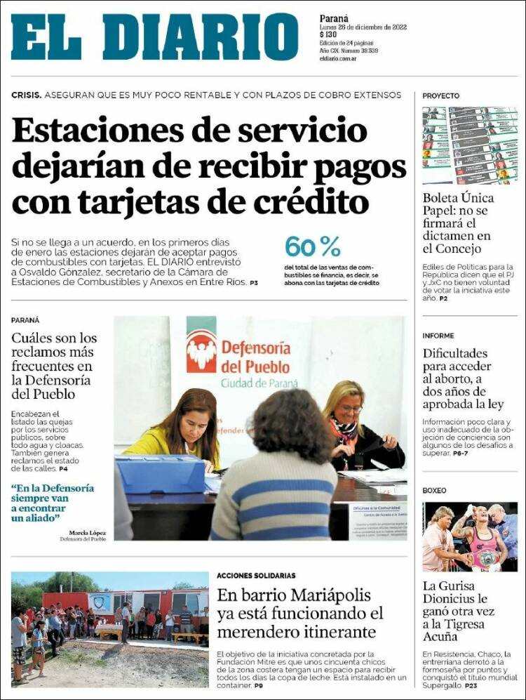 Portada de El Diario de Paraná (Argentina)
