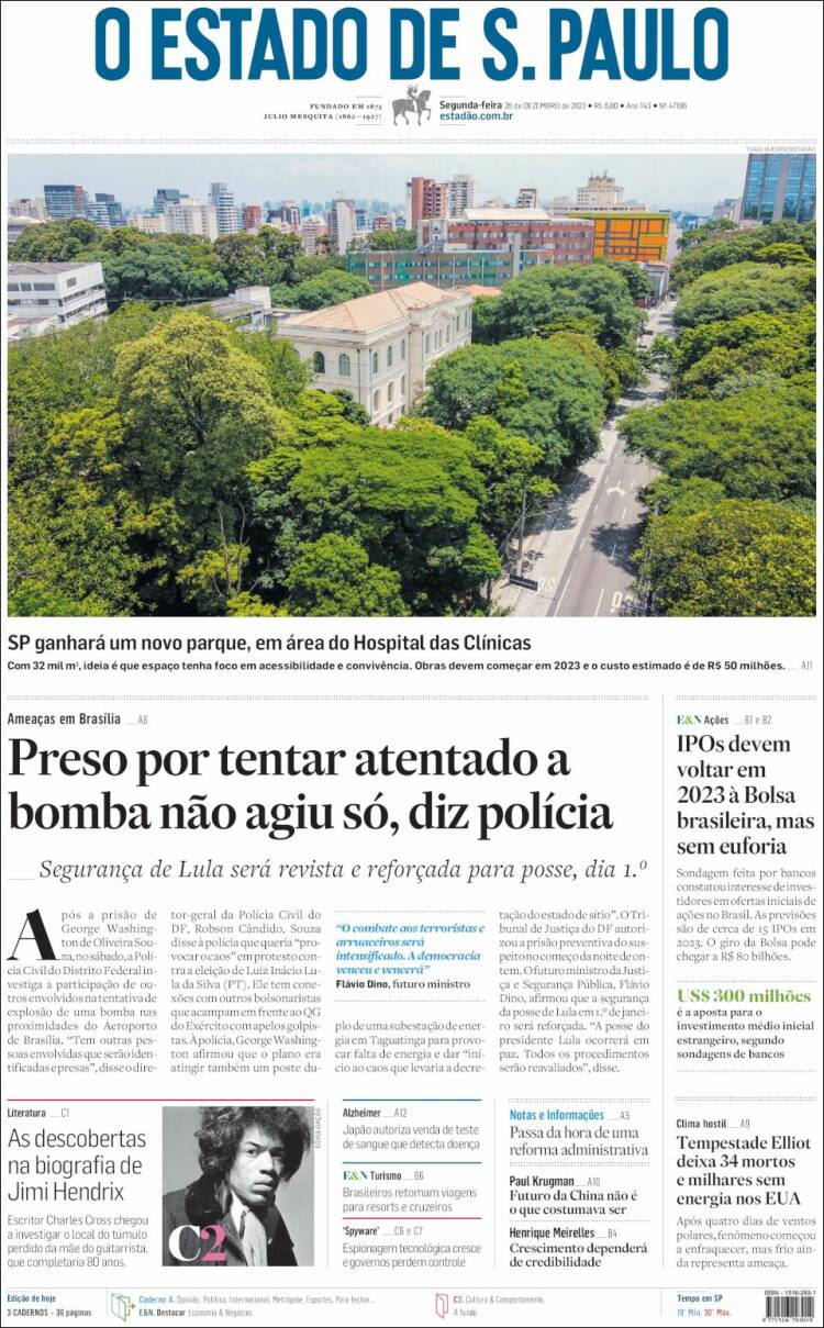 Portada de O Estado de São Paulo (Br&eacute;sil)