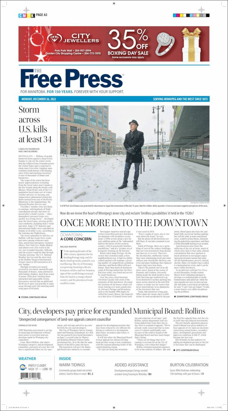 Portada de Winnipeg Free Press (Canadá)