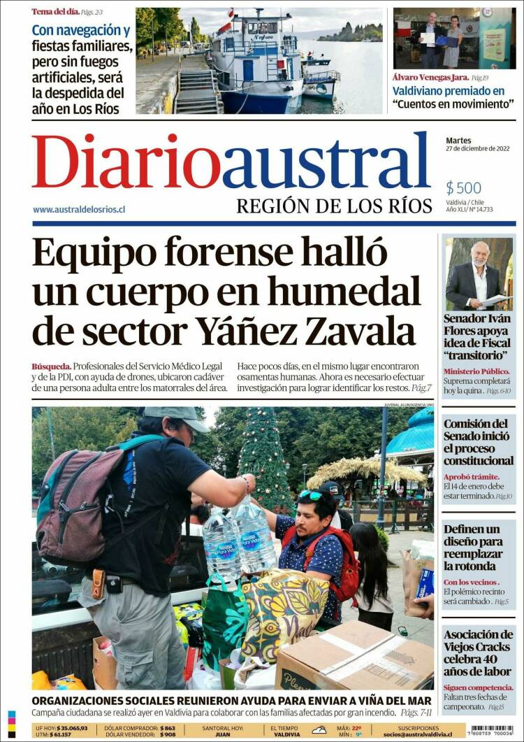 Portada de El Diario Austral de Valdivia (Chile)