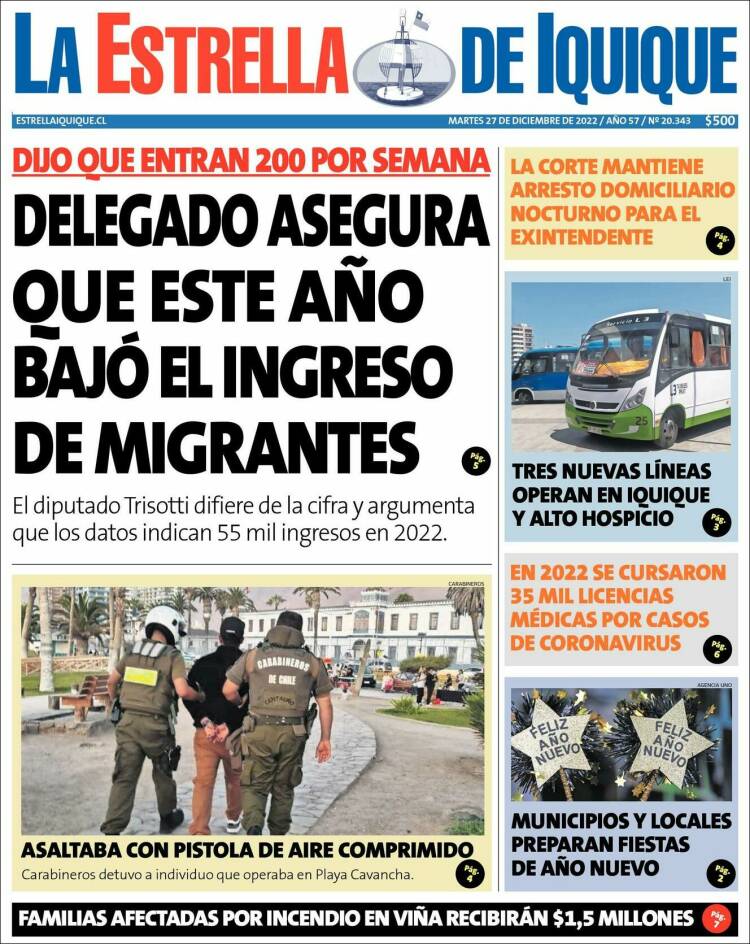 Portada de La Estrella de Iquique (Chile)