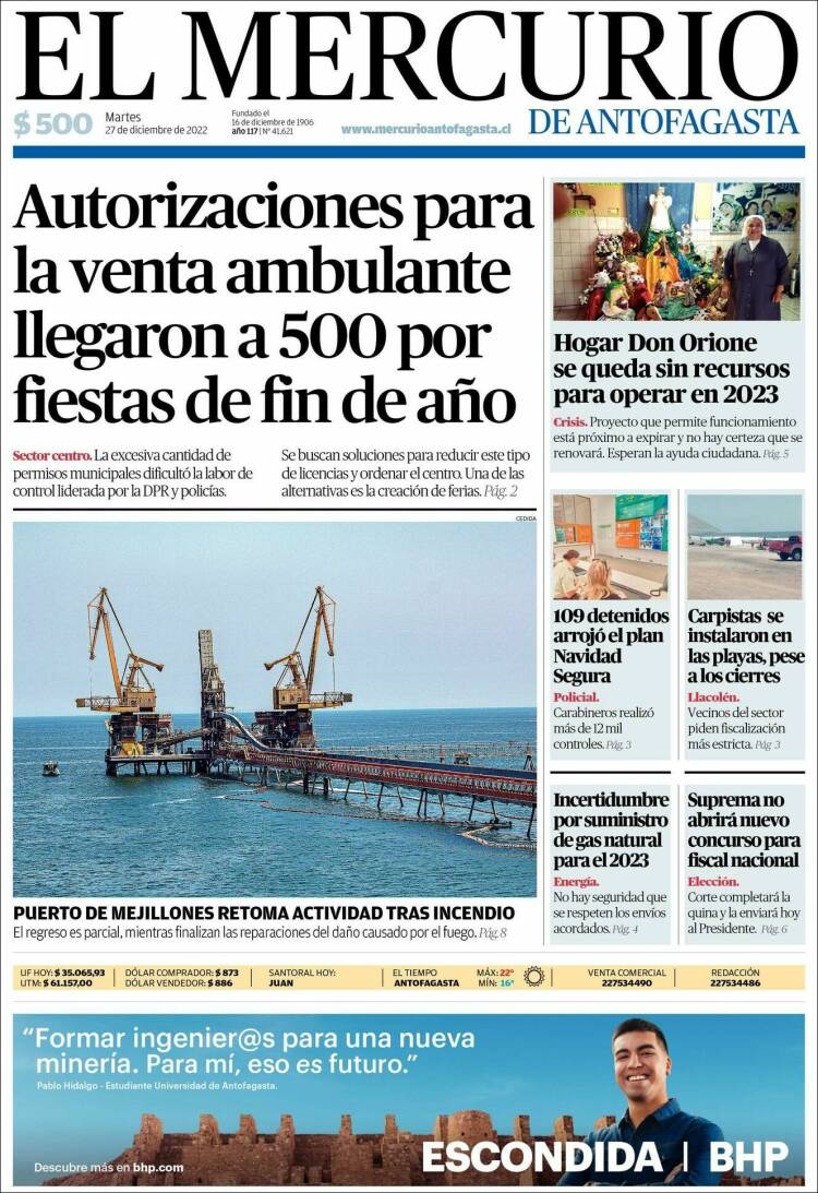 Portada de El Mercurio de Antofagasta (Chile)