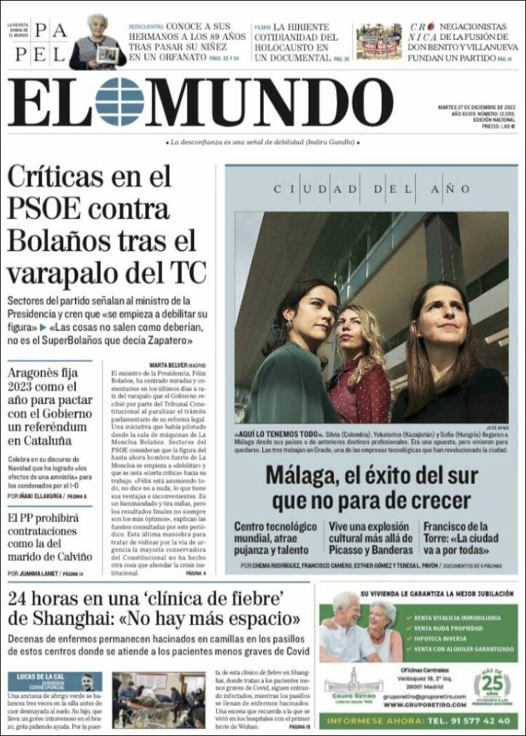Portada de El Mundo (Espagne)