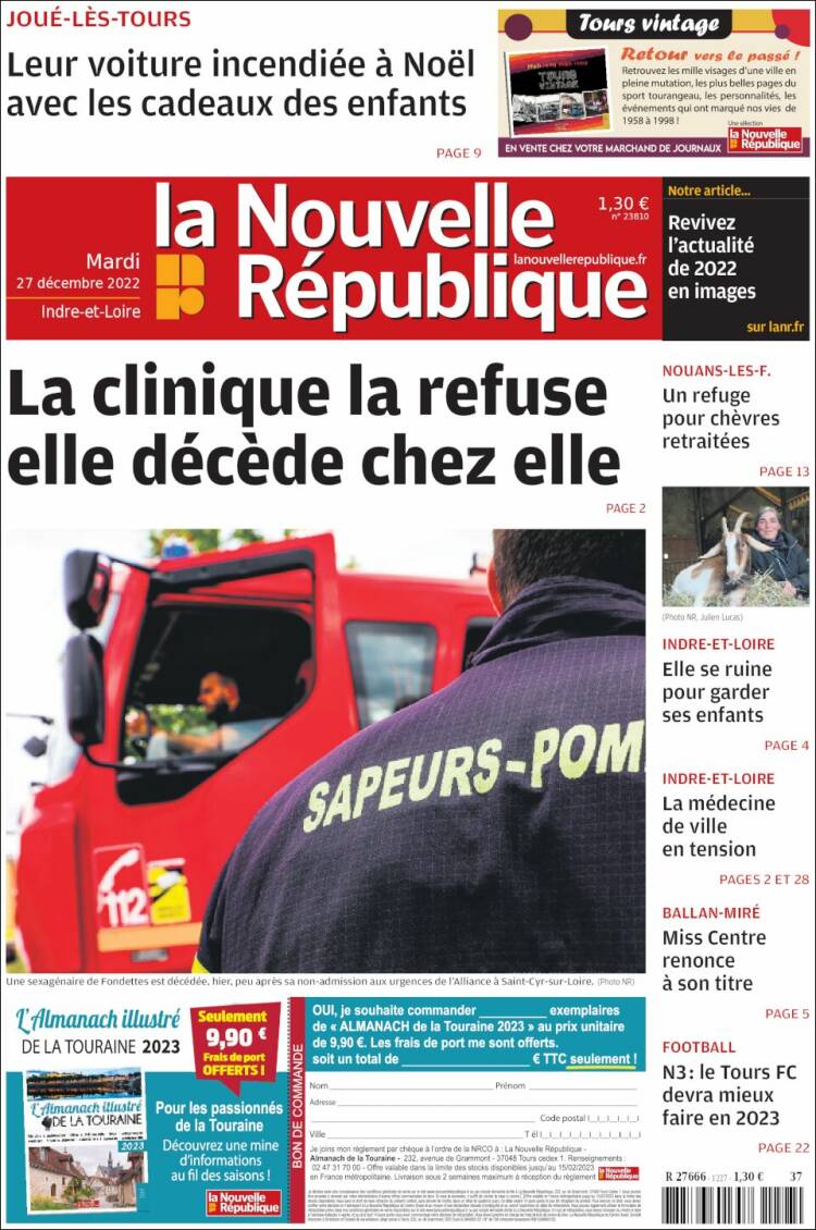 Portada de La Nouvelle Republique (Francia)