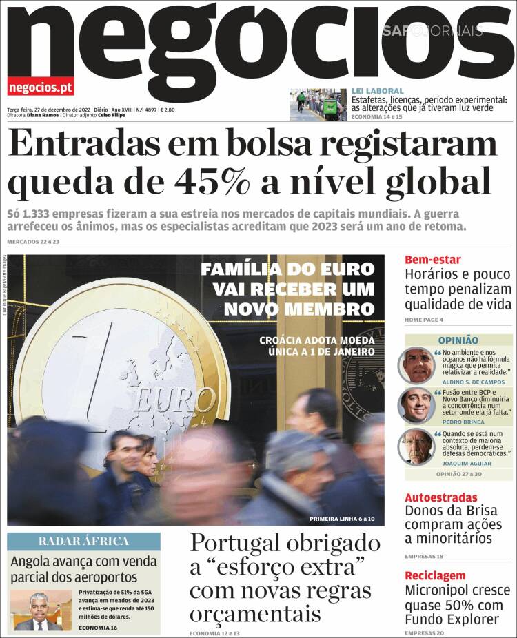 Portada de Jornal de Negócios (Portugal)