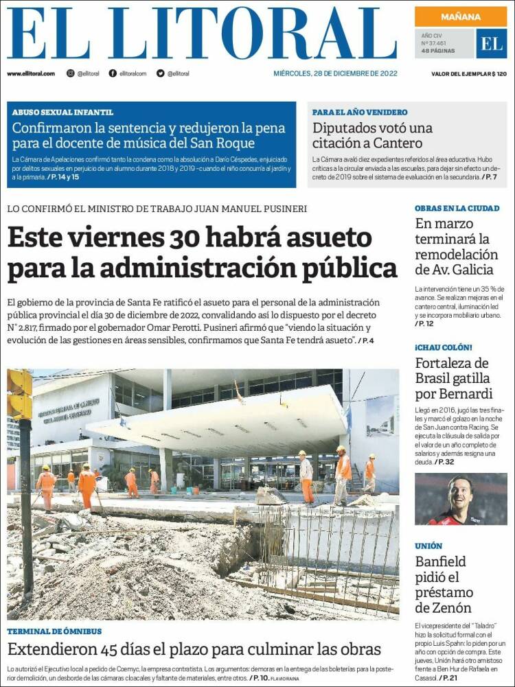 Portada de Diario El Litoral (Argentina)