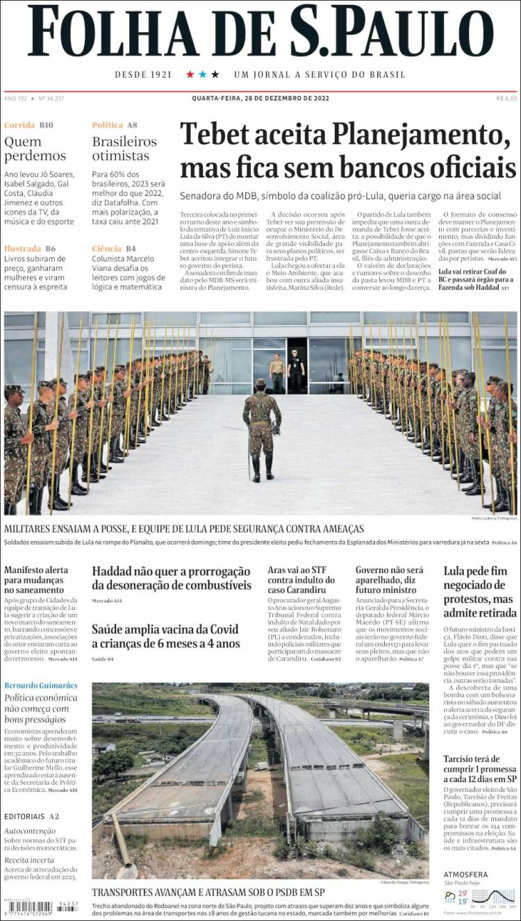 Portada de Folha de São Paulo (Brasil)