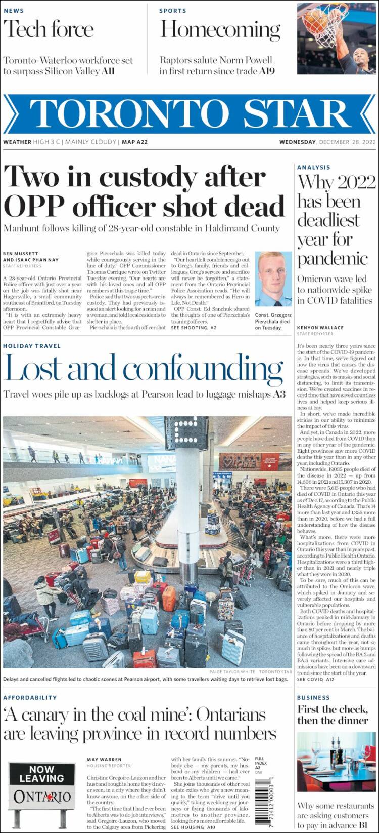 Portada de The Toronto Star (Canada)