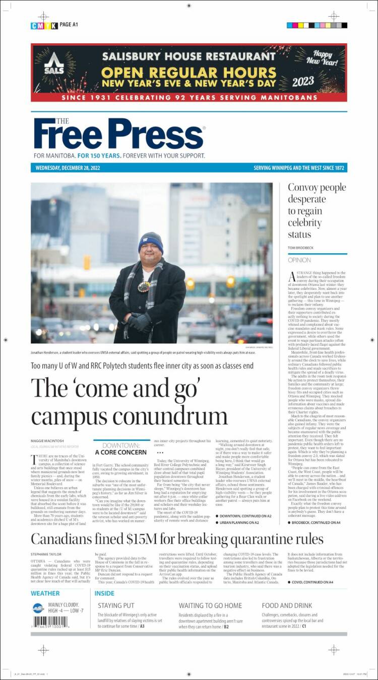 Portada de Winnipeg Free Press (Canada)