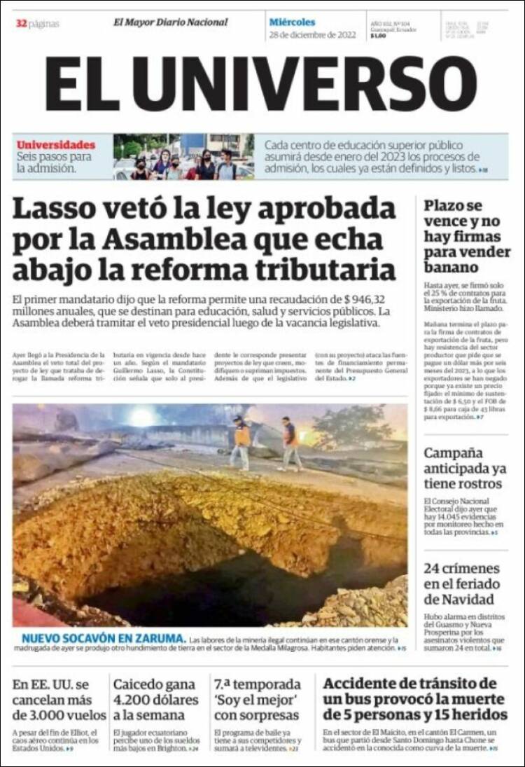 Portada de El Universo - Ecuador (Ecuador)