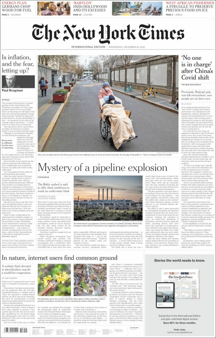 Portada de International New York Times (Europa)