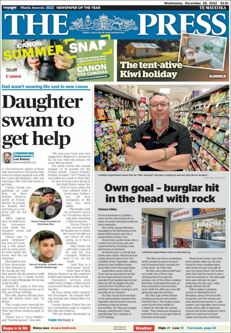 Portada de The Press (Nueva Zelanda)