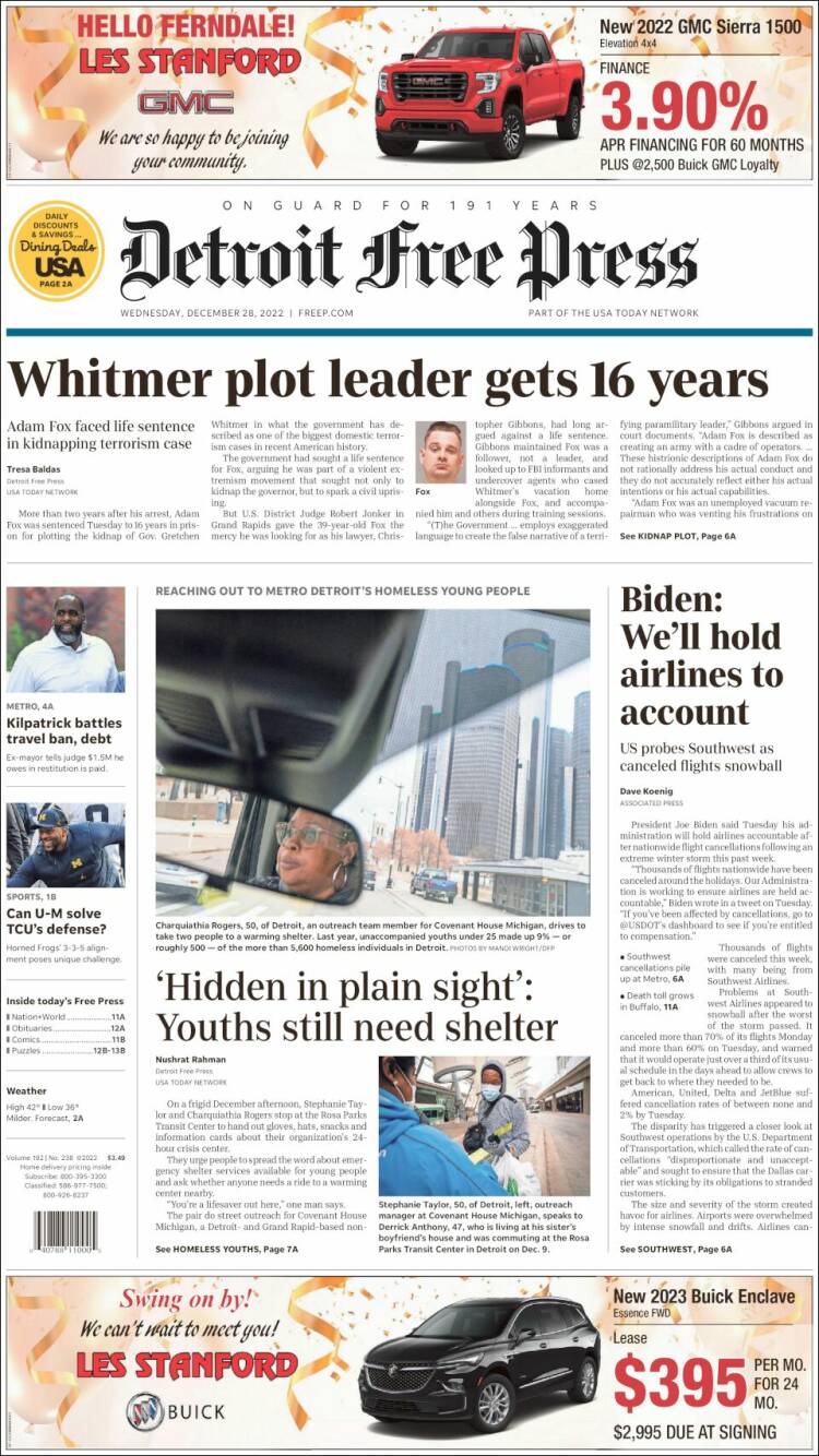 Portada de Detroit Free Press (USA)