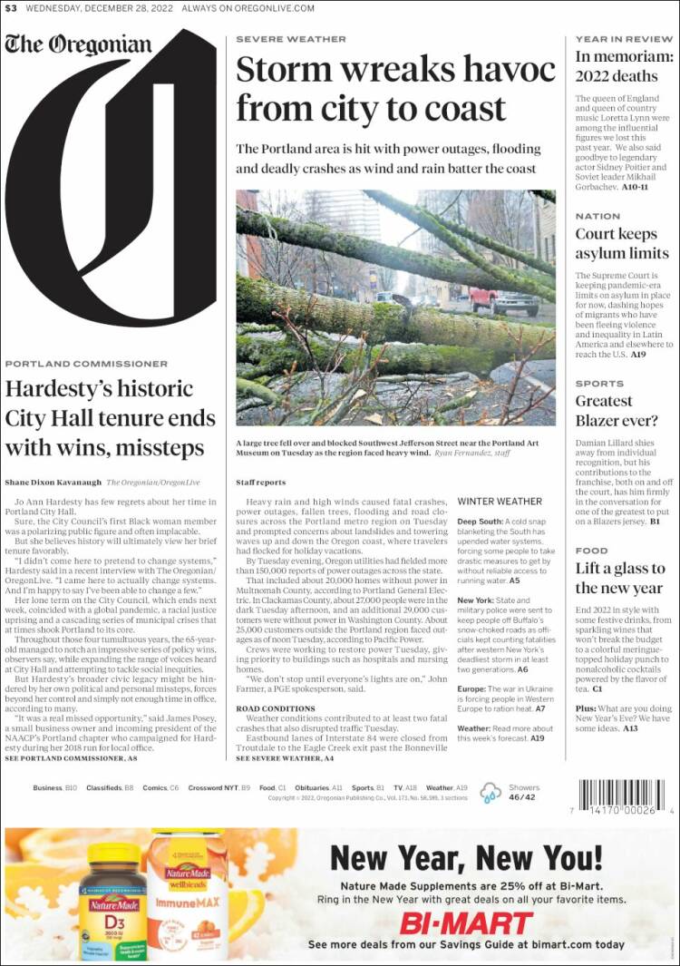 Portada de The Oregonian (USA)