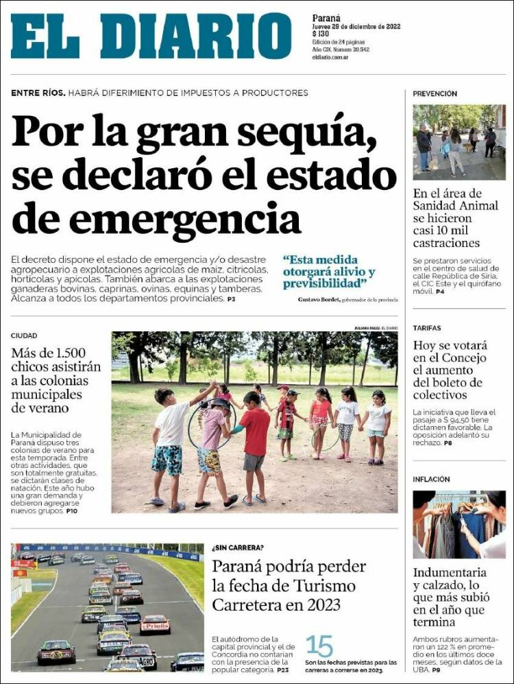 Portada de El Diario de Paraná (Argentina)