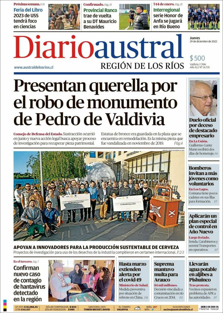 Portada de El Diario Austral de Valdivia (Chile)