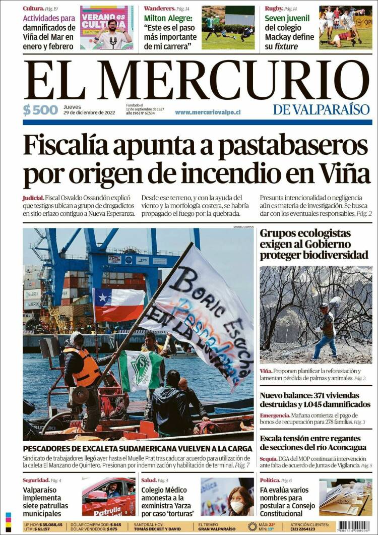 Portada de Mercurio de Valparaiso (Chile)