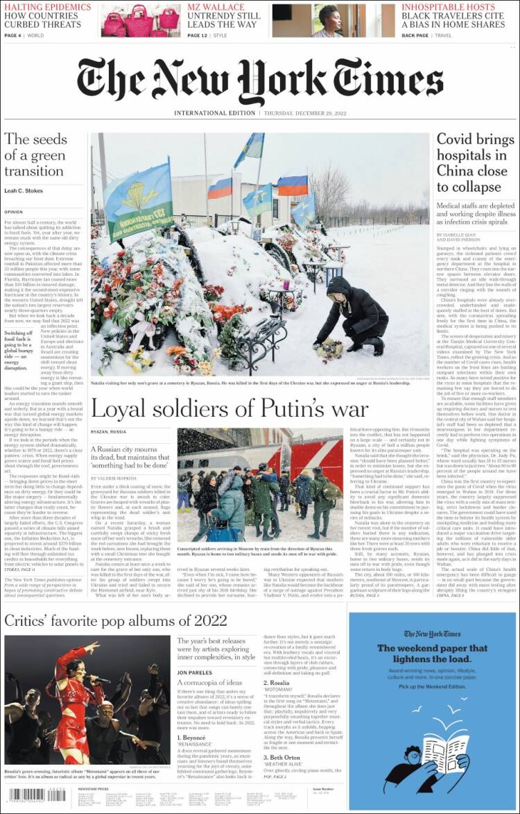Portada de International New York Times (Europa)