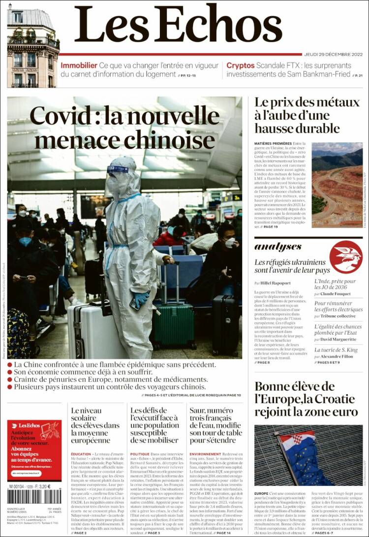 Portada de Les Echos (Francia)