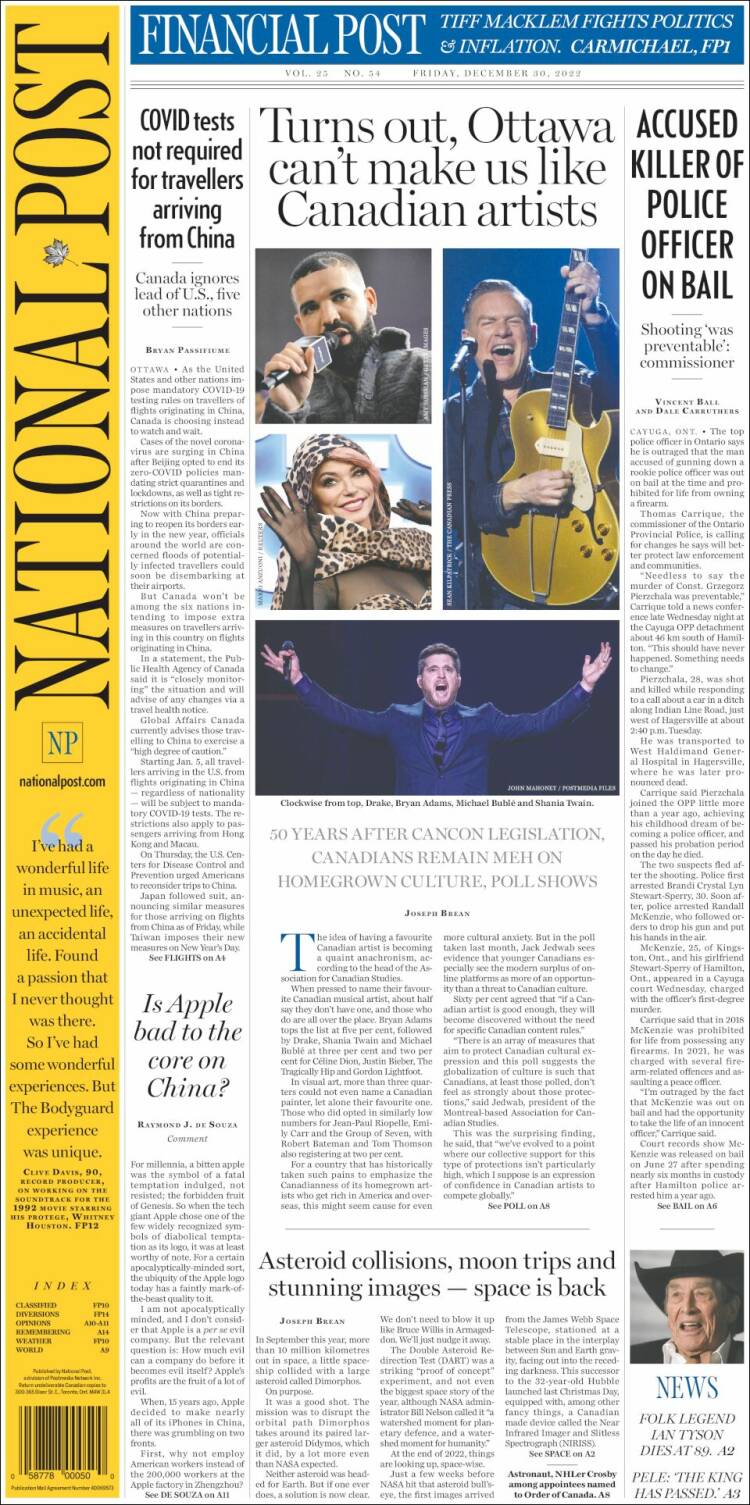 Portada de The National Post (Canadá)