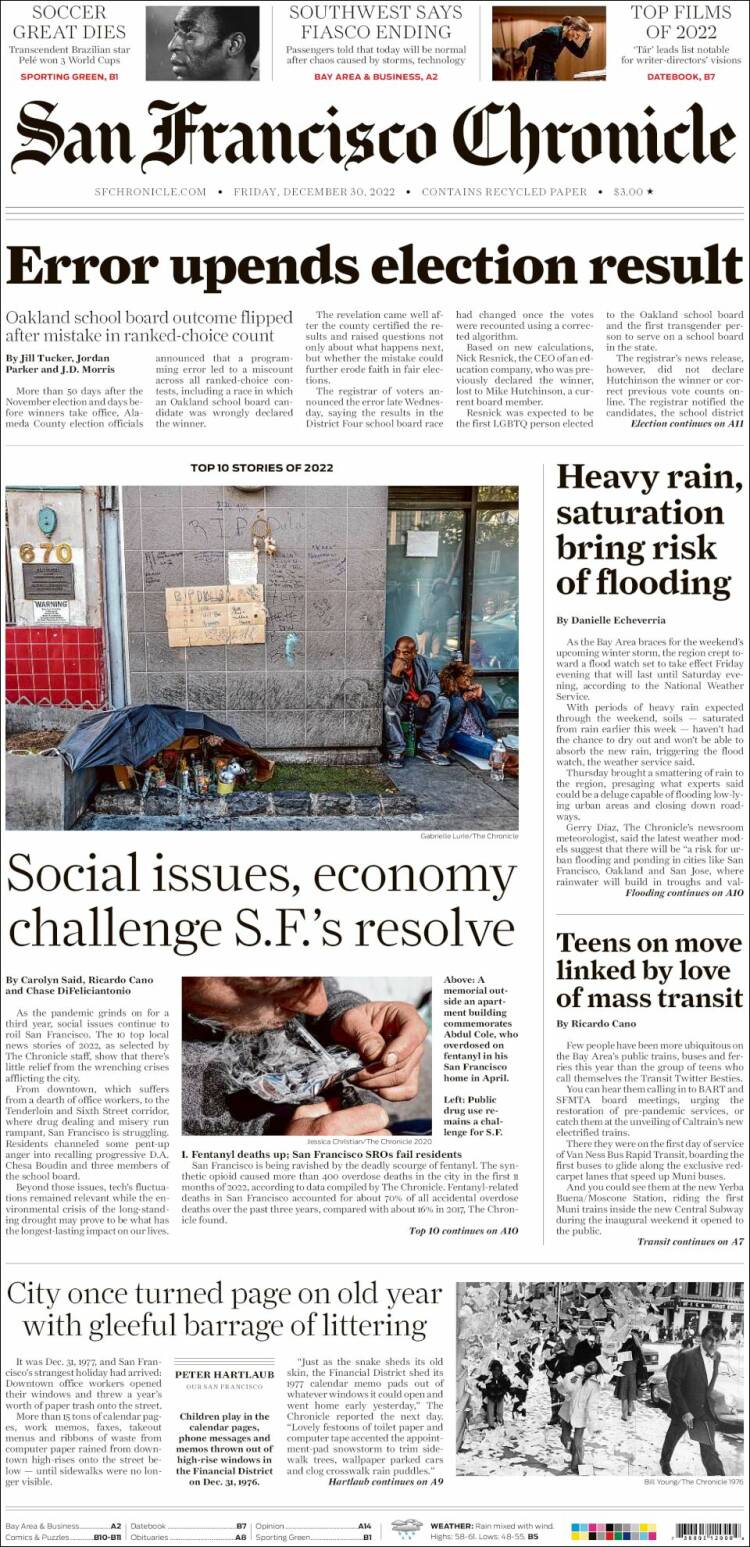 Portada de San Francisco Chronicle (USA)