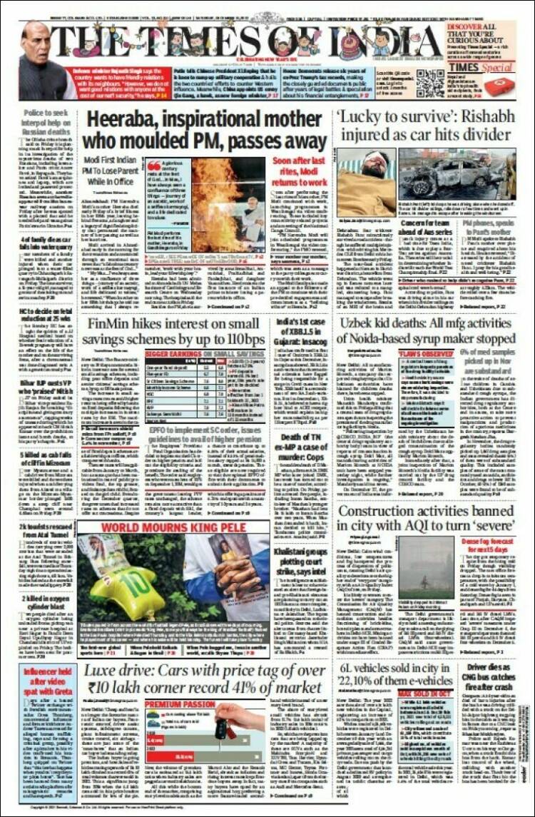 Portada de The Times of India (India)