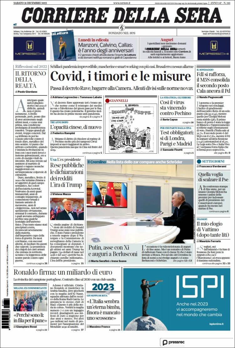 Portada de Corriere della Sera (Italy)