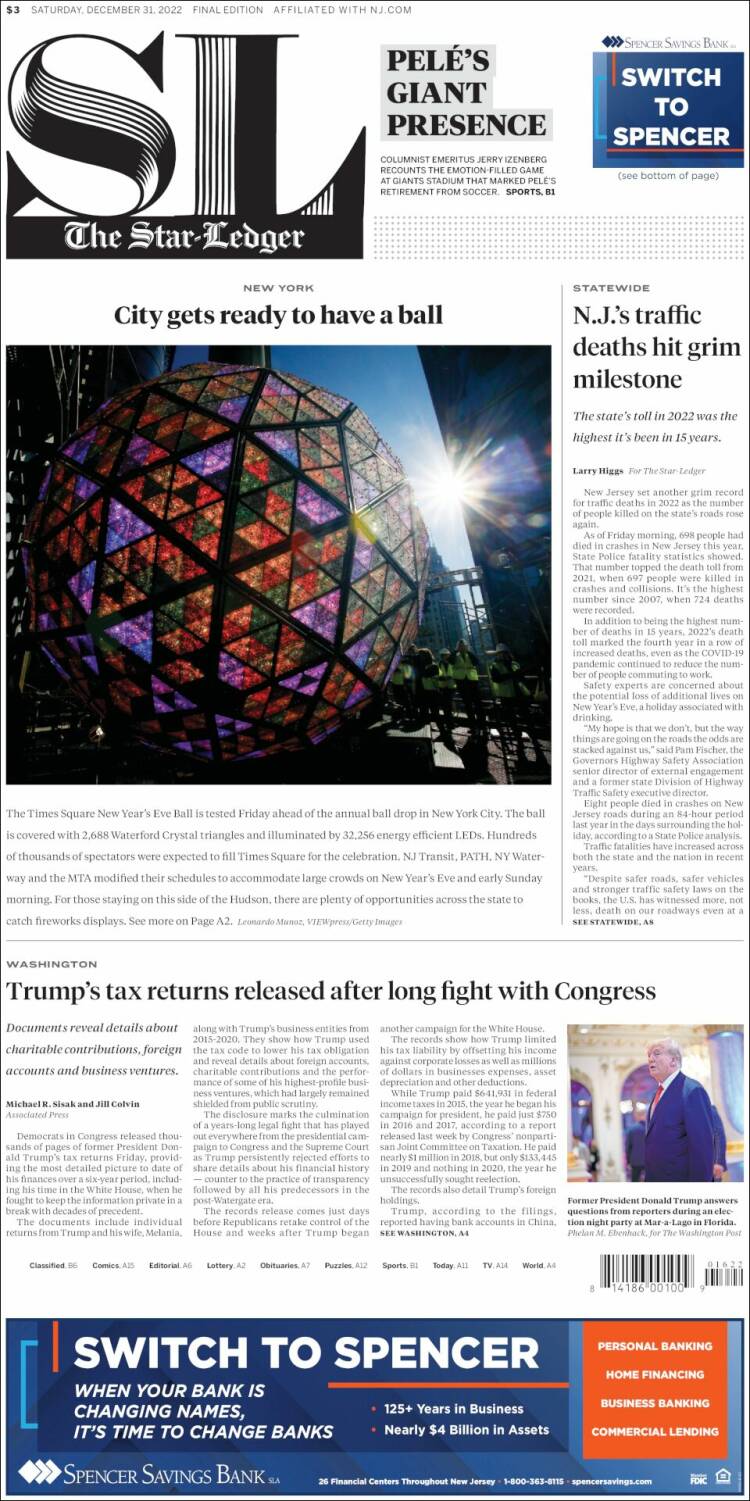 Portada de Star-Ledger (États-Unis)