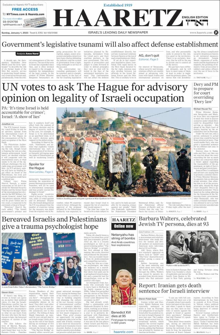 Portada de Haaretz (Israel)