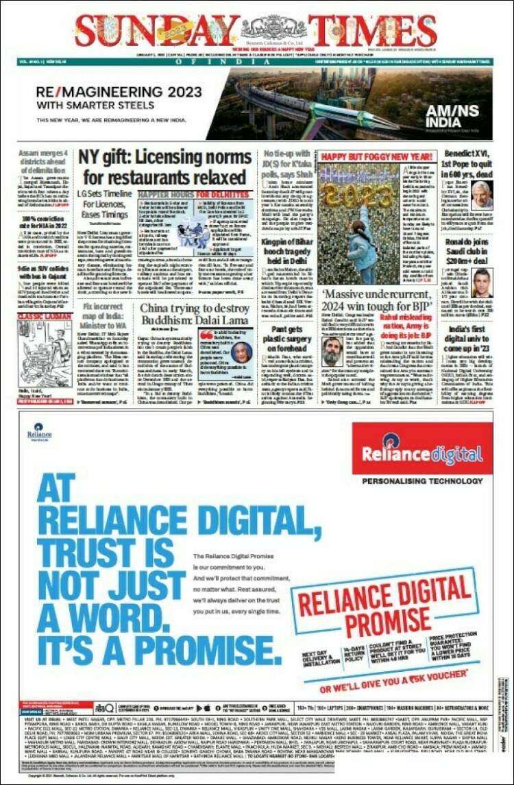 Portada de The Times of India (India)