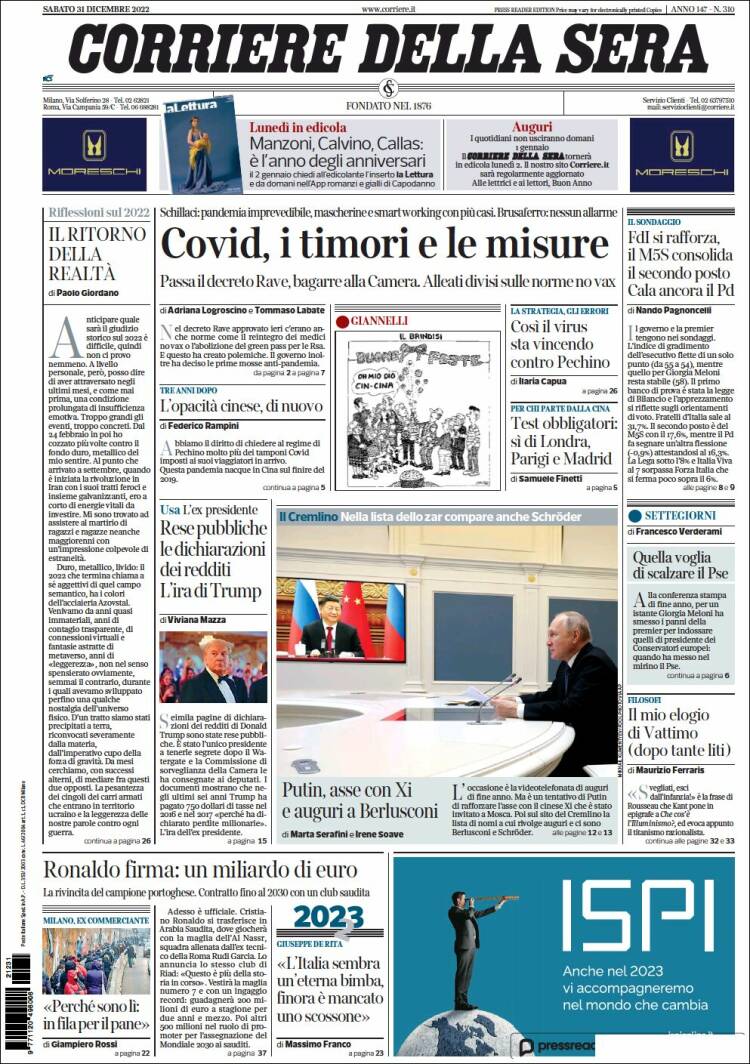 Portada de Corriere della Sera (Italia)
