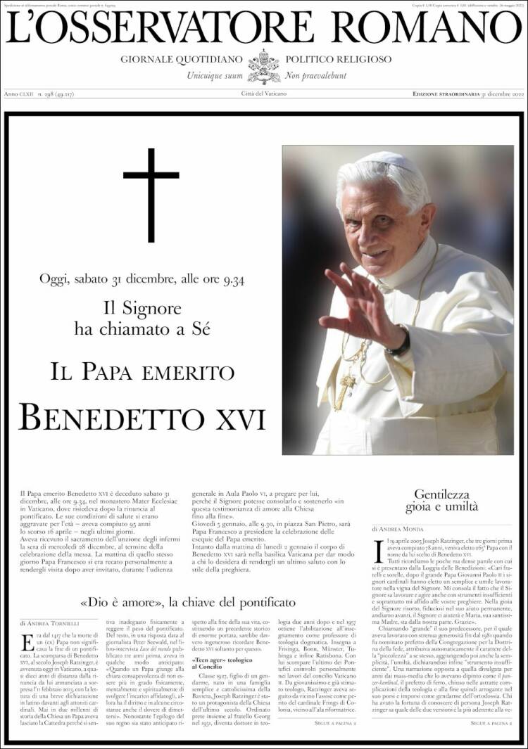 Portada de L'Osservatore Romano (Italia)