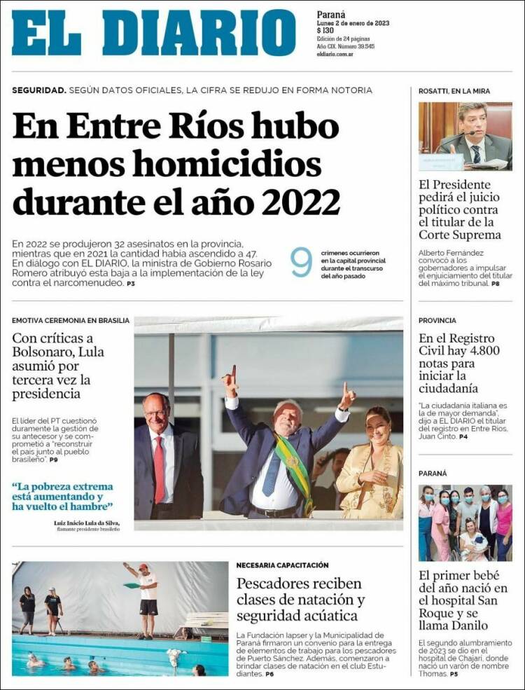 Portada de El Diario de Paraná (Argentina)