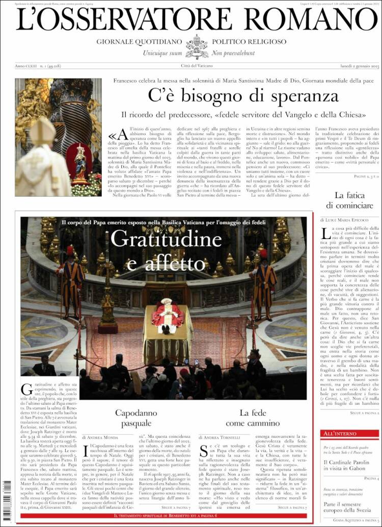 Portada de L'Osservatore Romano (Italia)