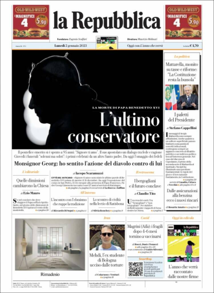 Portada de La Repubblica (Italia)