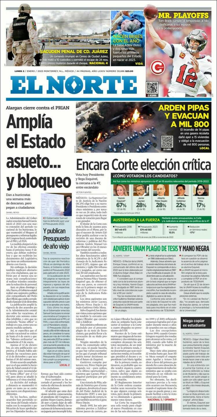 Periódico El Norte (México). Periódicos de México. Edición de lunes, 2 de  enero de 2023. Kiosko.net