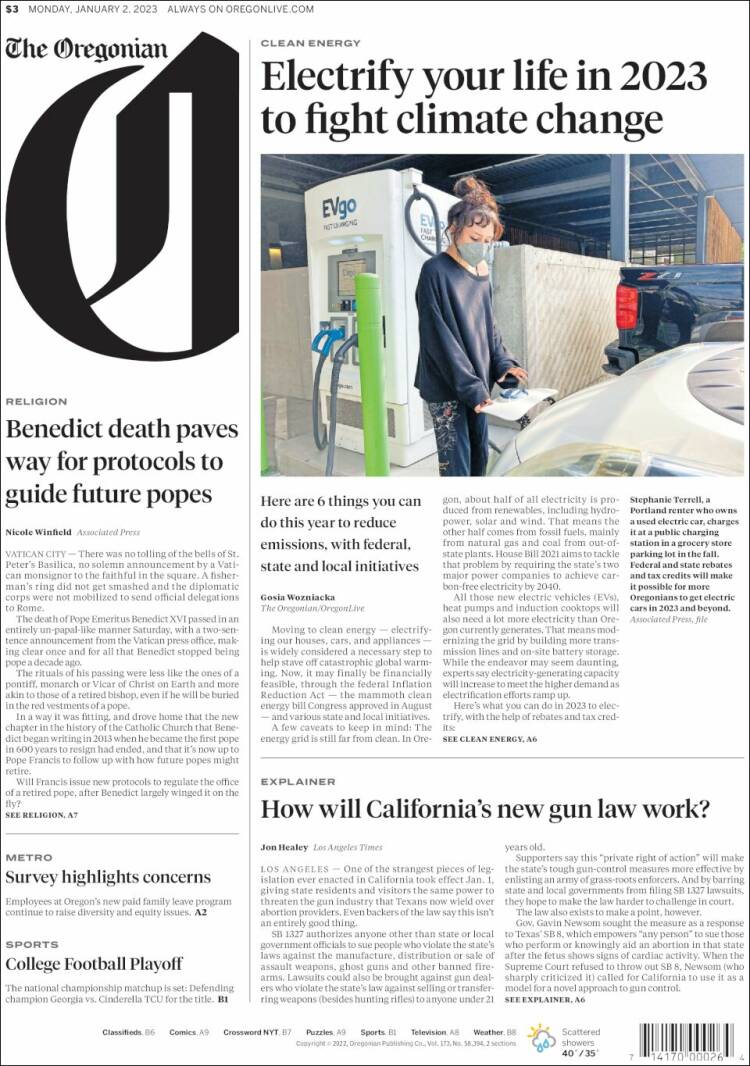 Portada de The Oregonian (États-Unis)