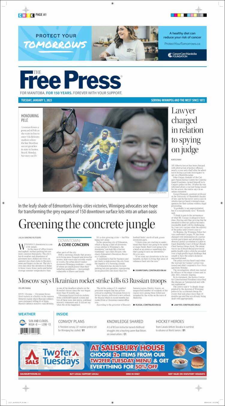 Portada de Winnipeg Free Press (Canadá)