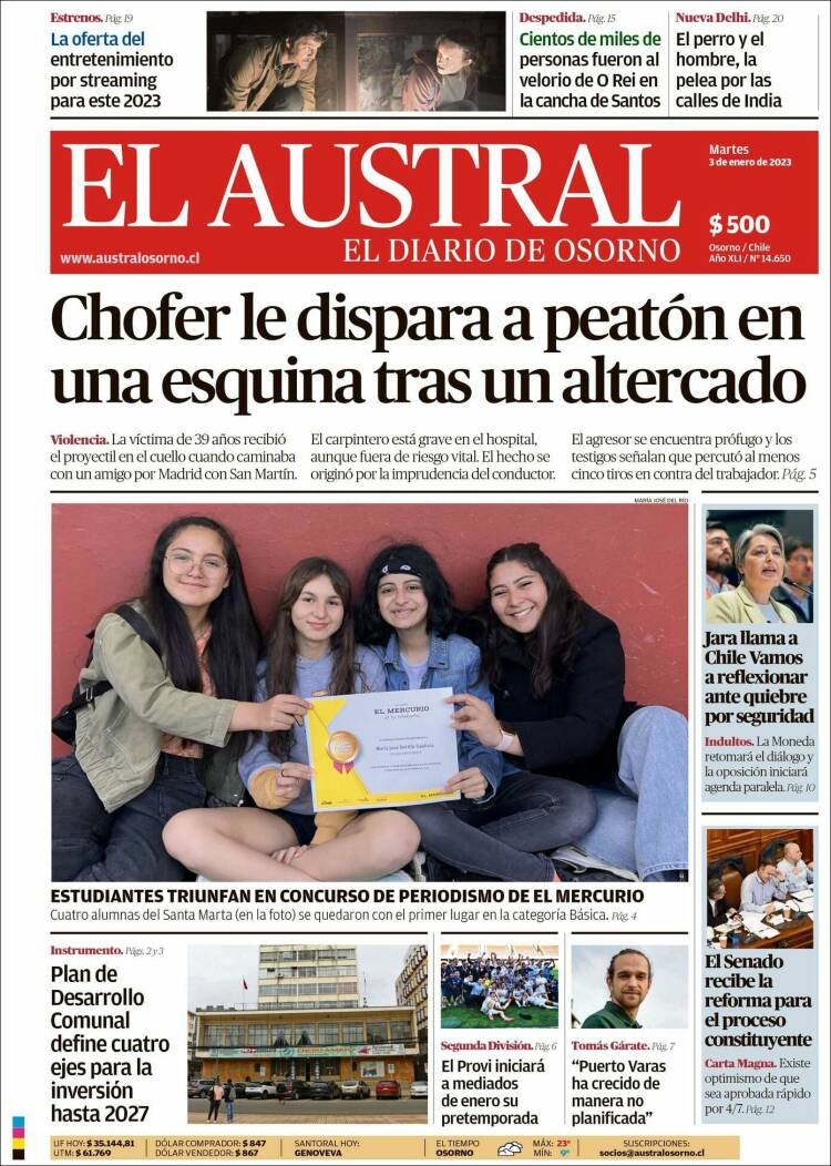 Portada de El Austral de Osorno (Chili)