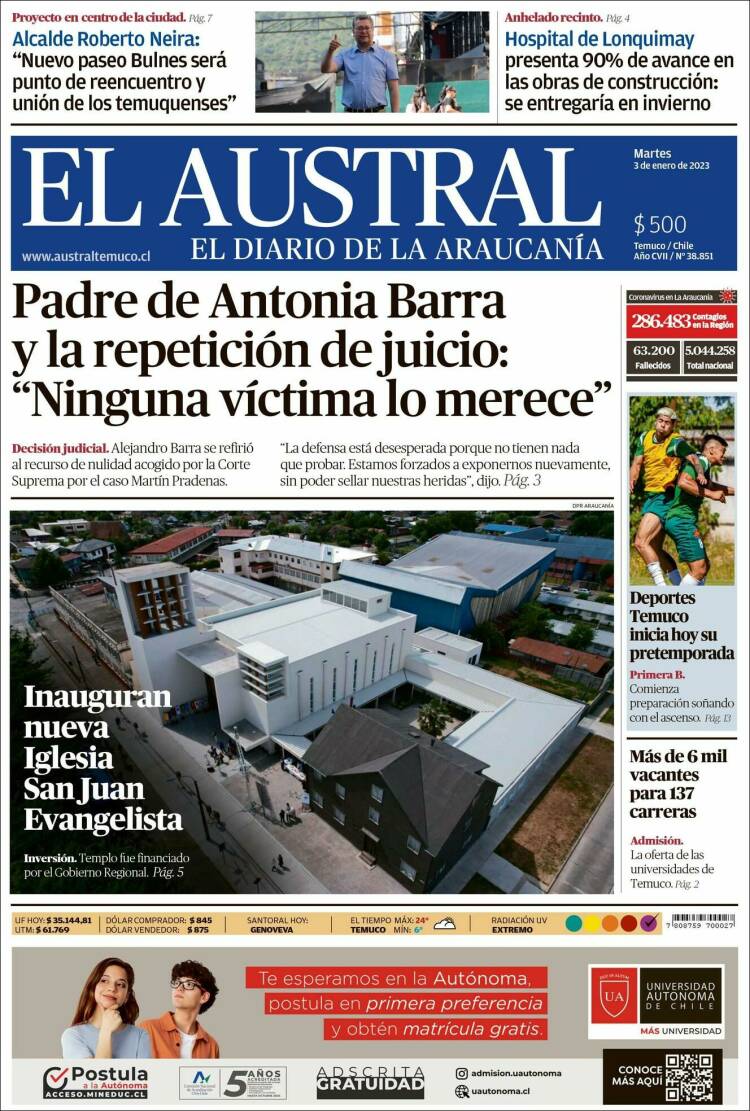 Portada de El Austral de Temuco (Chili)