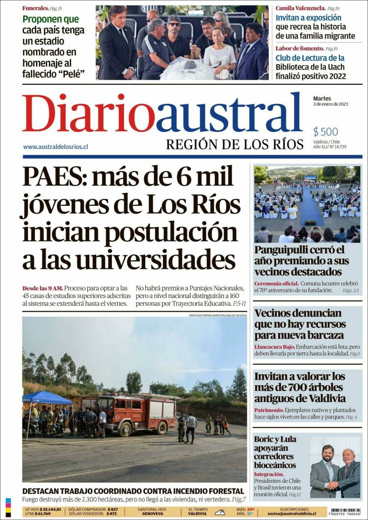 Portada de El Diario Austral de Valdivia (Chili)