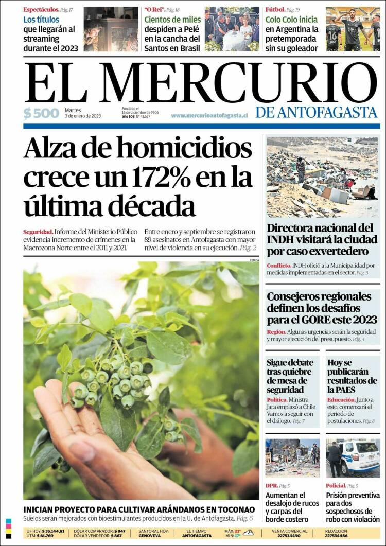 Portada de El Mercurio de Antofagasta (Chili)