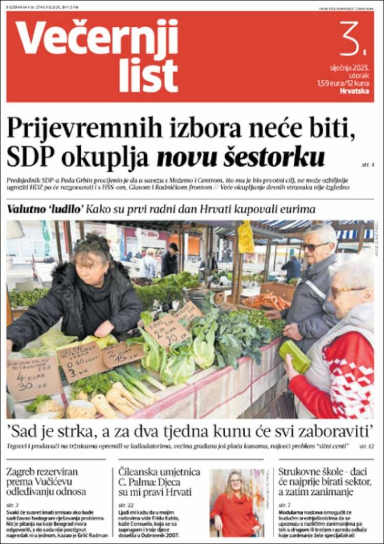 Portada de Večernji (Croacia)