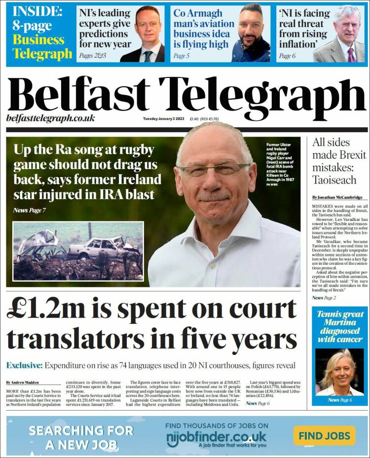 Portada de Belfast Telegraph (Reino Unido)