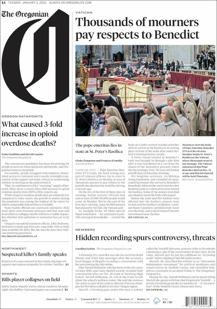 Portada de The Oregonian (USA)