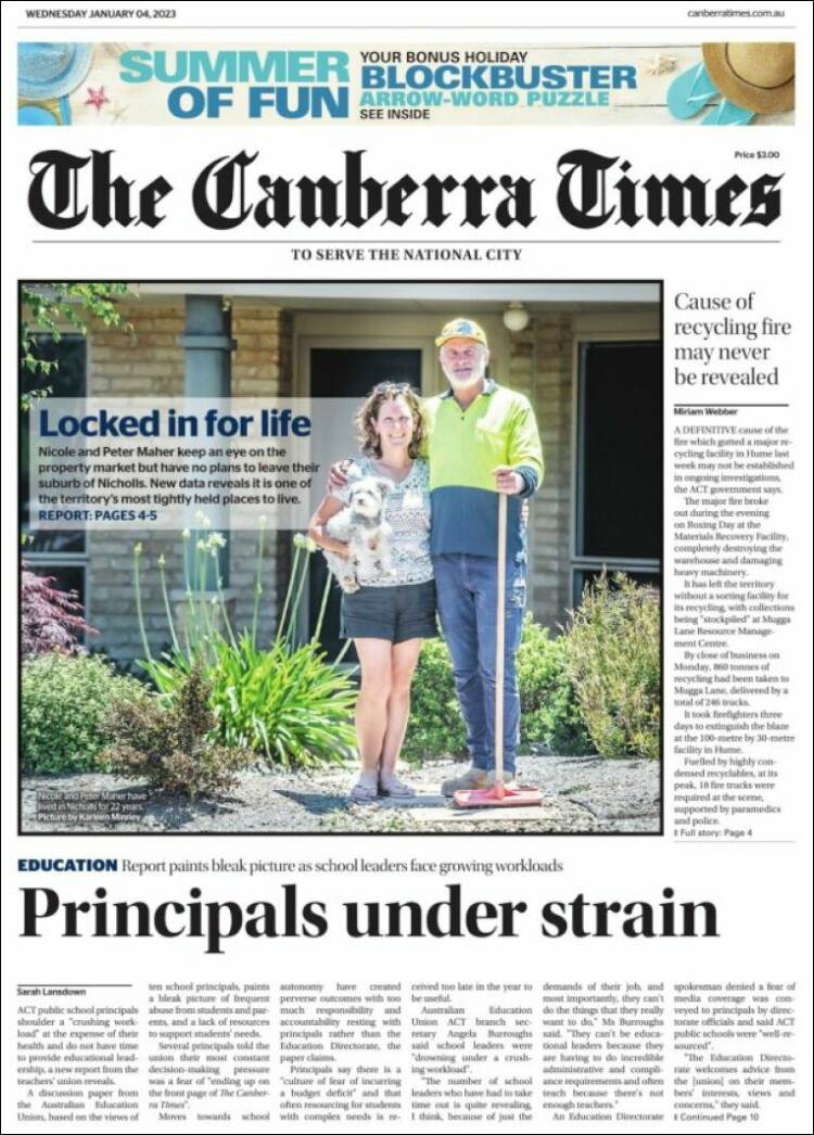 Portada de The Canberra Times (Australia)
