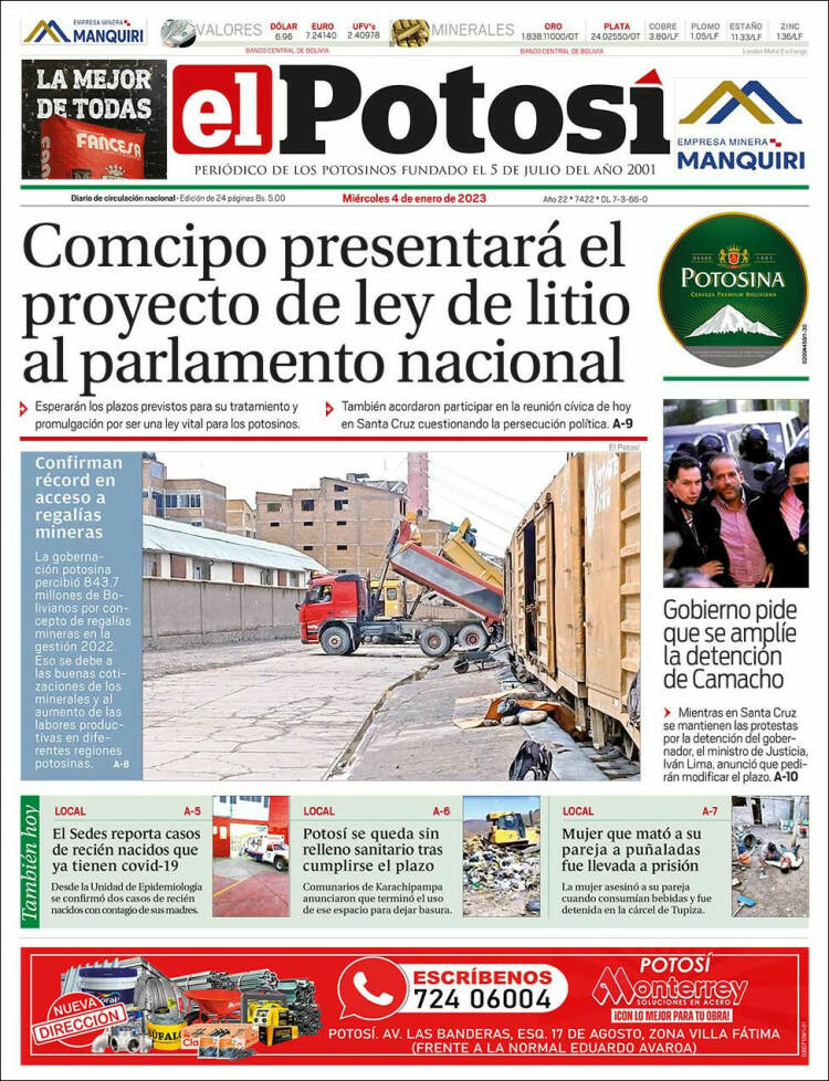 Portada de Diario de Potosí (Bolivia)