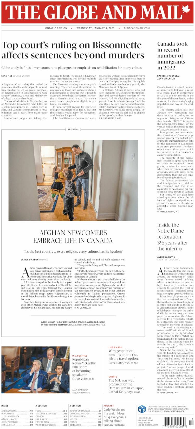 Portada de The Globe and Mail (Canadá)