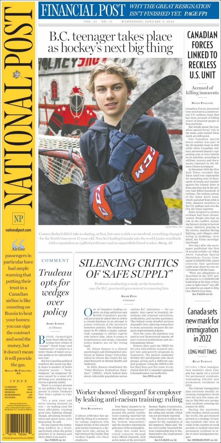 Portada de The National Post (Canadá)